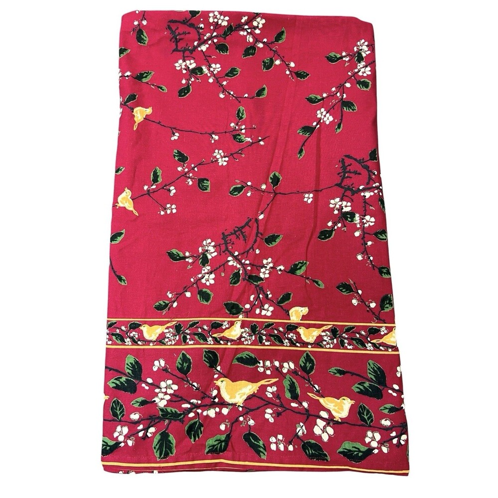 April Cornell Ruby Red Songbird Tablecloth Floral Farmhouse Cottage 60”x102”